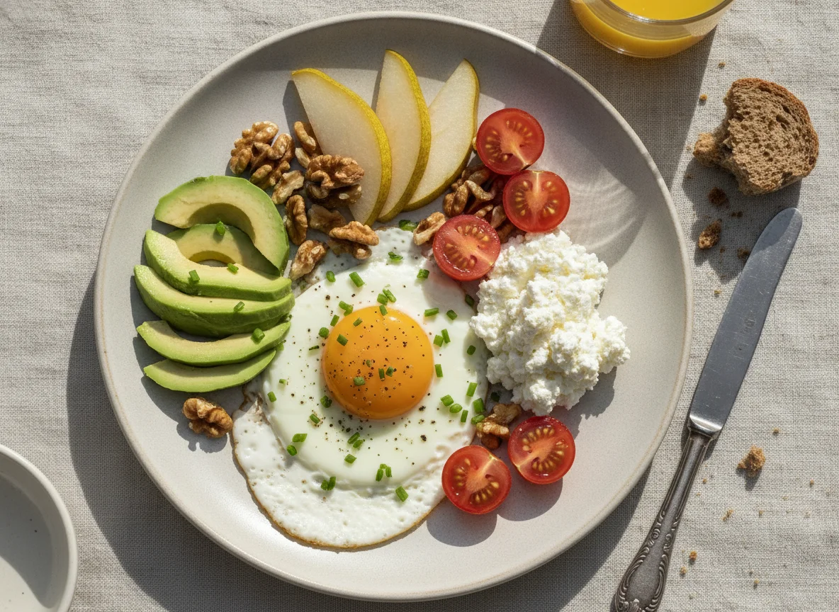 Frühstücksteller mit Eiern, Avocado und Hüttenkäse photo