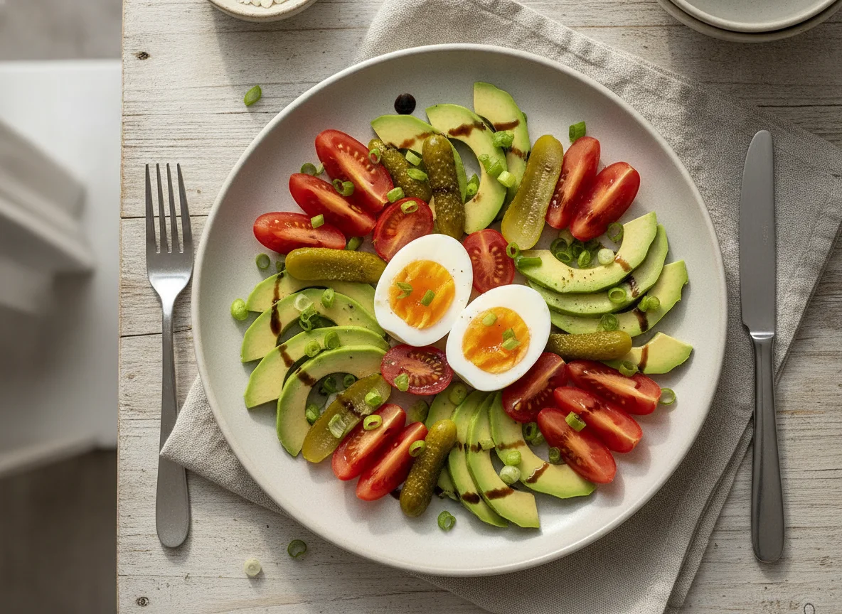 Frühstücksteller mit Eiern, Avocado und Tomaten photo