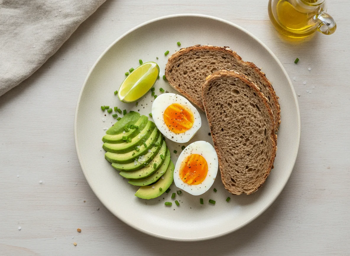 Frühstücksteller mit Eiern, Avocado und Vollkornbrot photo