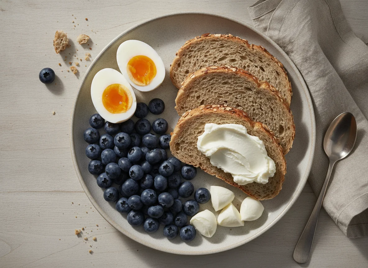 Frühstücksteller mit Eiern, Blaubeeren und Brot photo