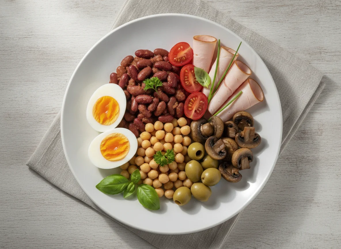 Frühstücksteller mit Eiern, Bohnen und Gemüse photo