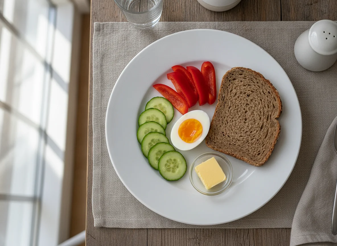 Frühstücksteller mit Eiern, Brot und Gemüse photo