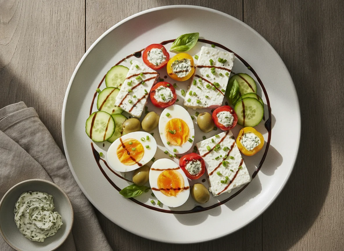 Frühstücksteller mit Eiern, Feta und Gemüse photo