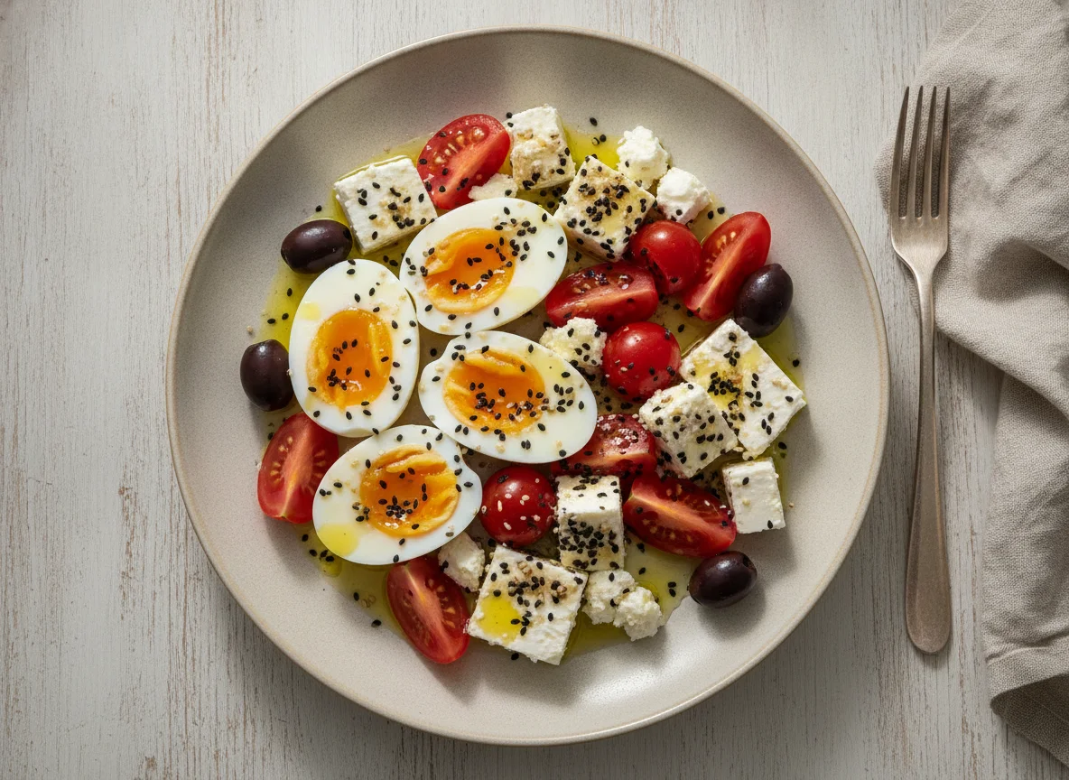 Frühstücksteller mit Eiern, Feta und Tomaten photo