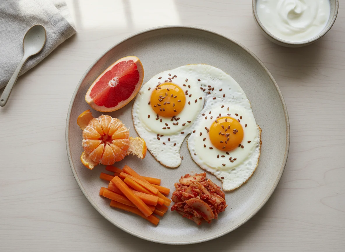 Frühstücksteller mit Eiern, Gemüse und Obst photo