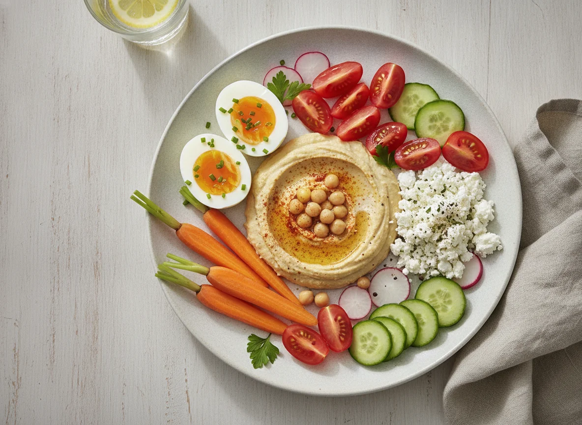 Frühstücksteller mit Eiern, Hummus und Gemüse photo