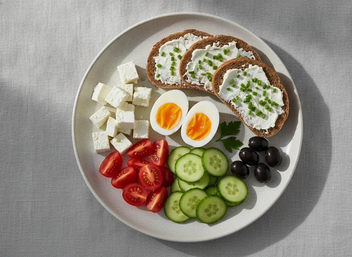 Frühstücksteller mit Eiern, Käse und Gemüse photo