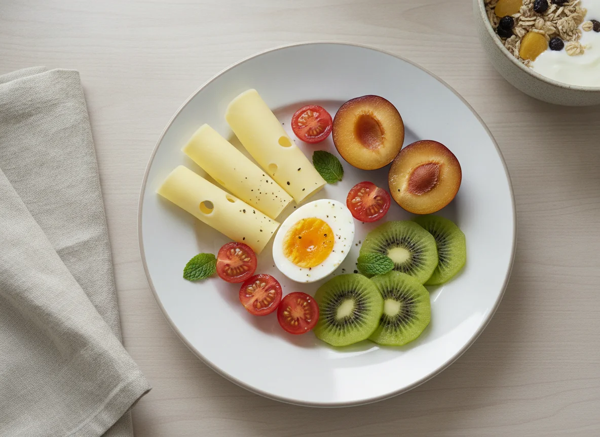 Frühstücksteller mit Eiern, Käse und Obst photo