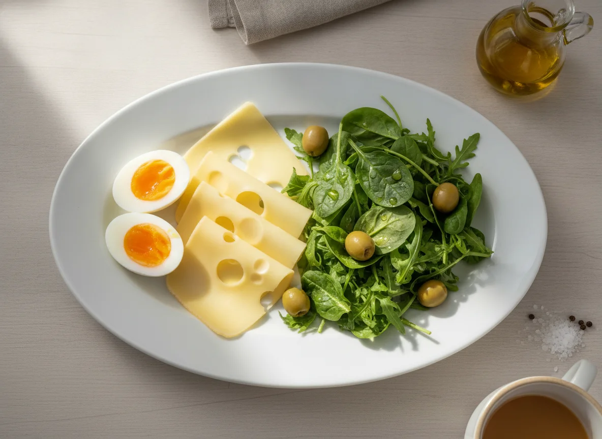 Frühstücksteller mit Eiern, Käse und Salat photo