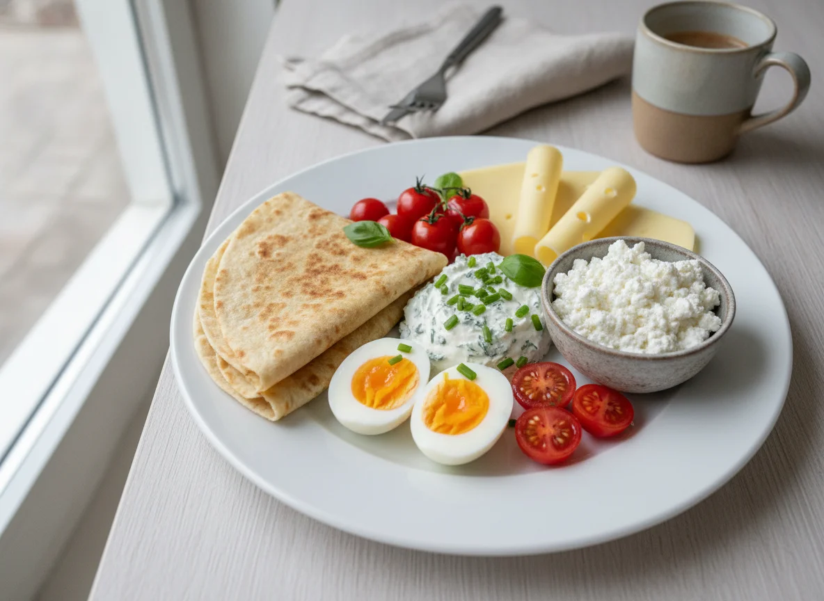 Frühstücksteller mit Eiern, Käse und Tomaten photo