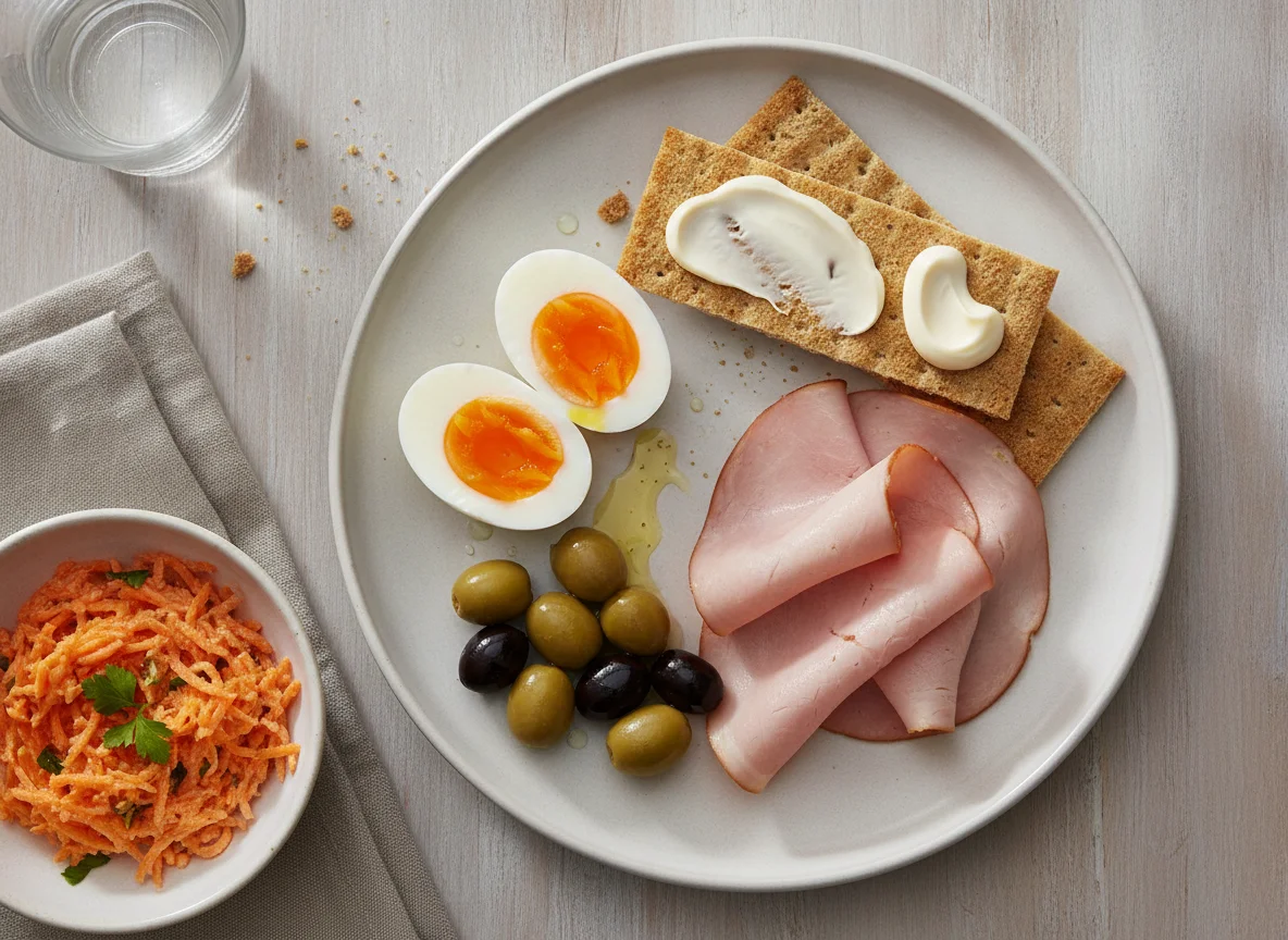 Frühstücksteller mit Eiern, Knäckebrot und Oliven photo