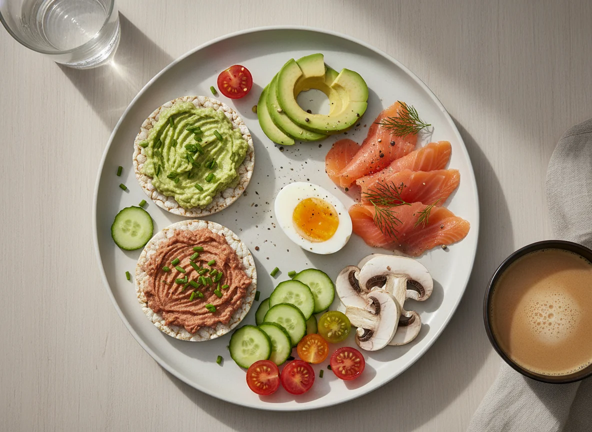 Frühstücksteller mit Eiern, Lachs und Reiswaffeln photo