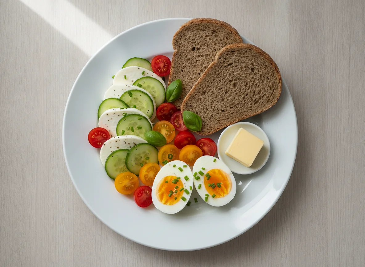 Frühstücksteller mit Eiern, Mozzarella und Gemüse photo