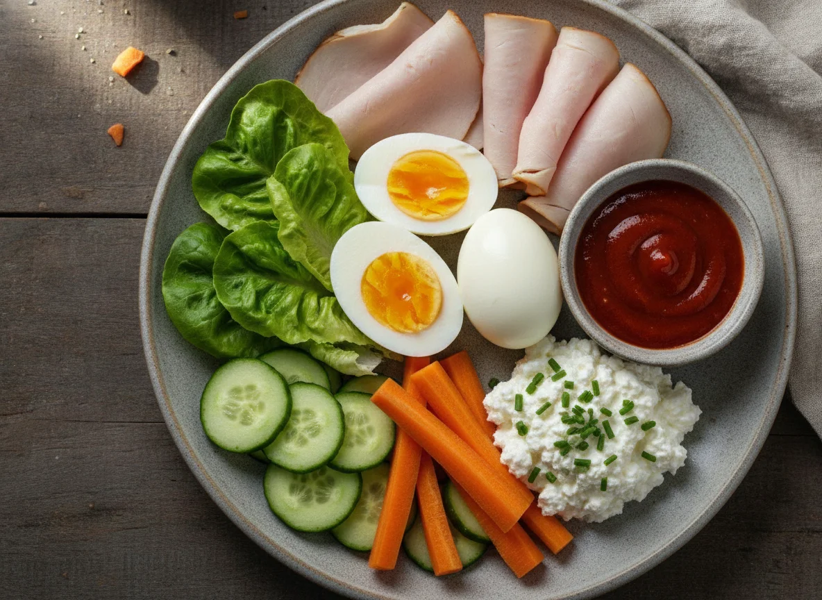 Frühstücksteller mit Eiern, Putenbrust und Gemüse photo