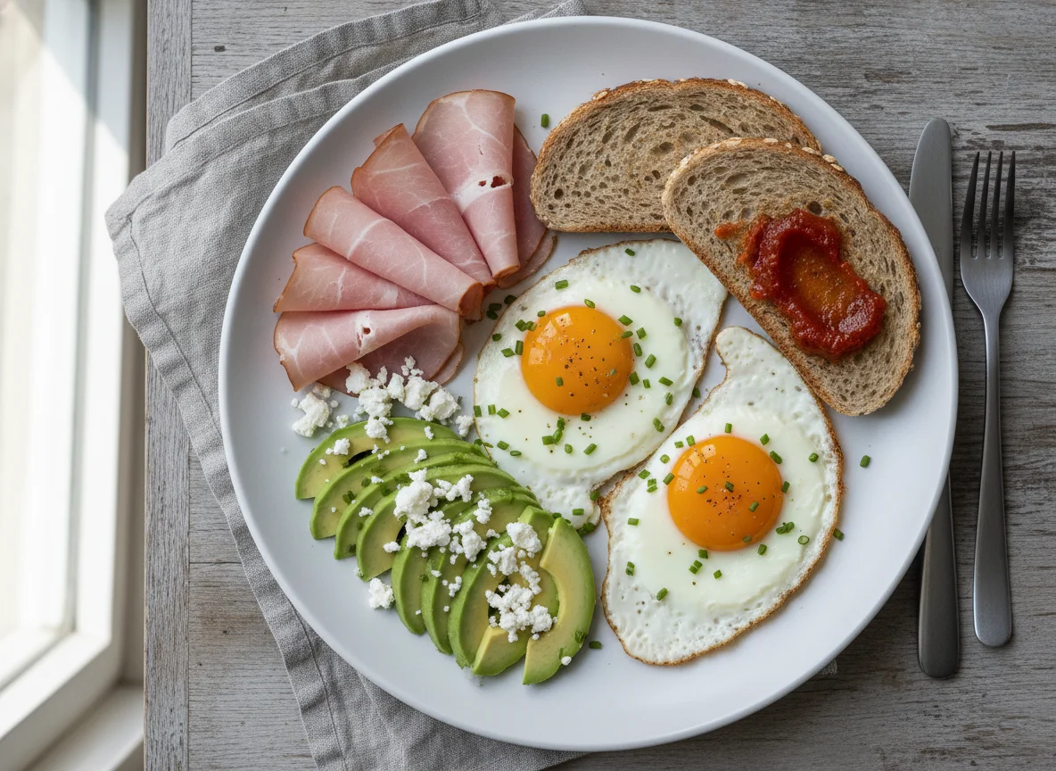 Frühstücksteller mit Eiern, Schinken und Avocado photo
