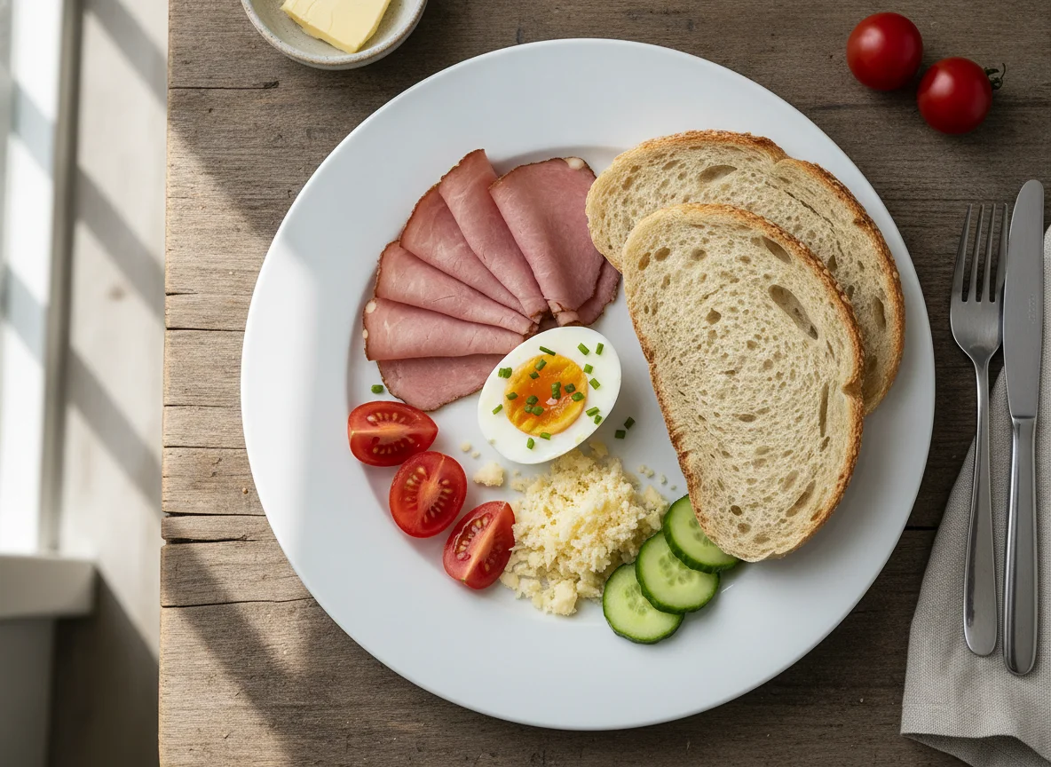 Frühstücksteller mit Eiern, Schinken und Brot photo