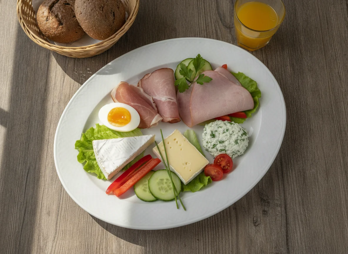 Frühstücksteller mit Eiern, Schinken und Gemüse photo