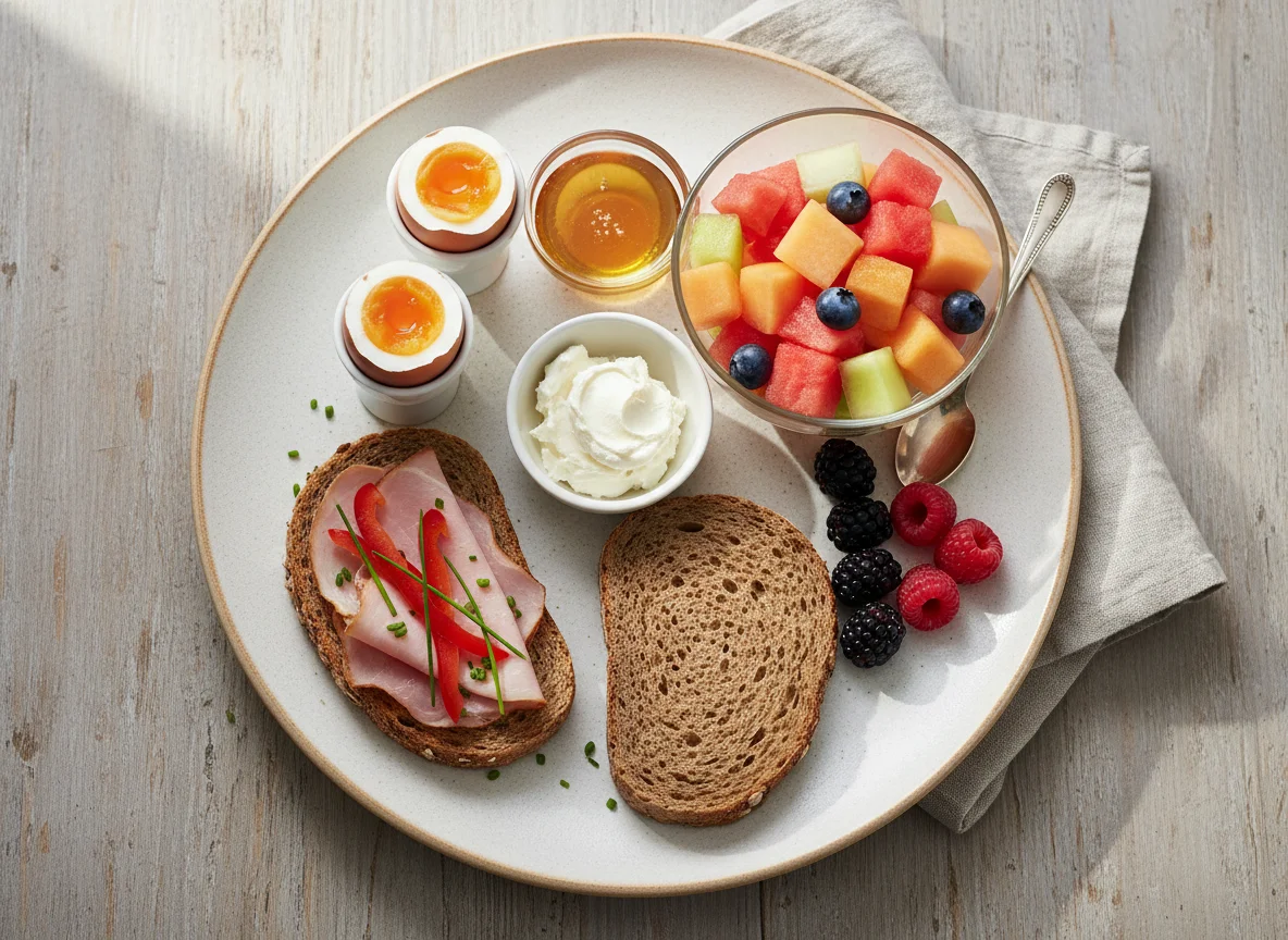 Frühstücksteller mit Eiern, Schinkenbrot und Obstsalat photo
