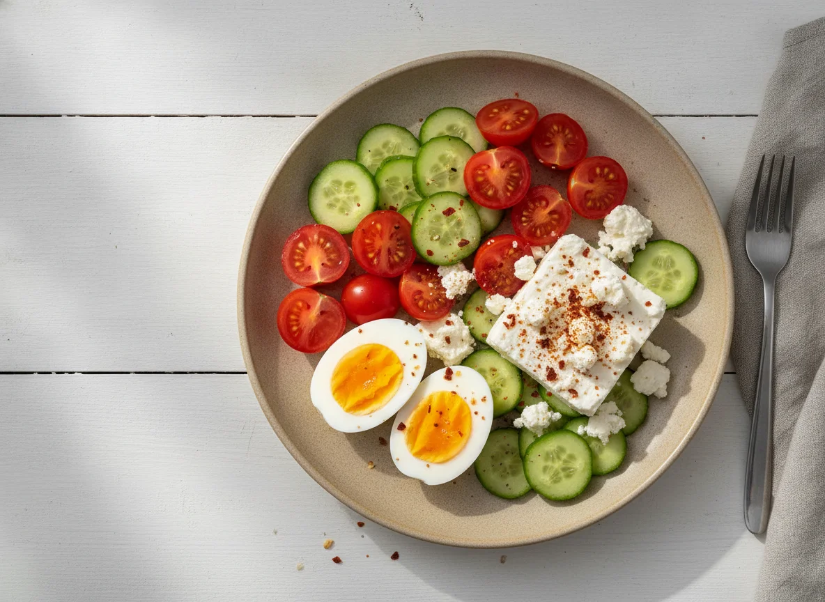 Frühstücksteller mit Eiern, Tomaten, Gurken und Feta photo
