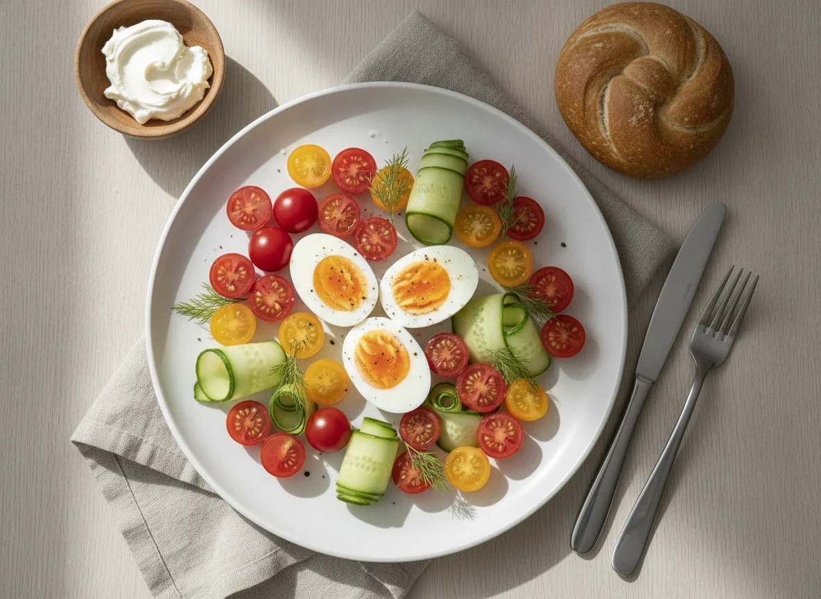 Frühstücksteller mit Eiern, Tomaten und Gurken photo
