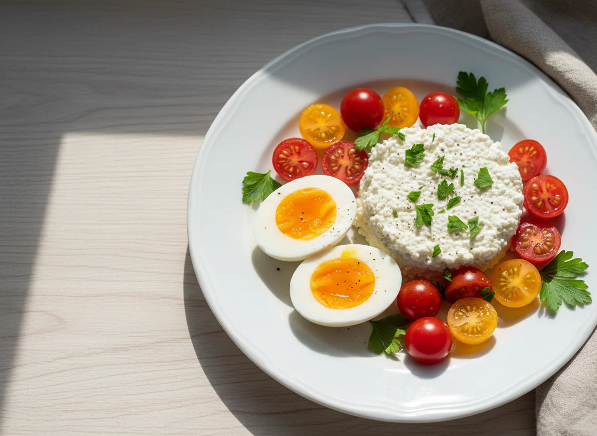 Frühstücksteller mit Eiern, Tomaten und Hüttenkäse photo