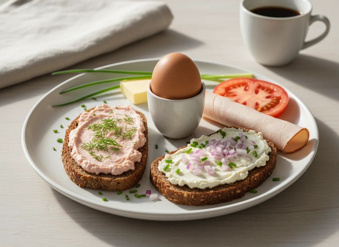 Frühstücksteller mit Eiern und belegten Broten photo