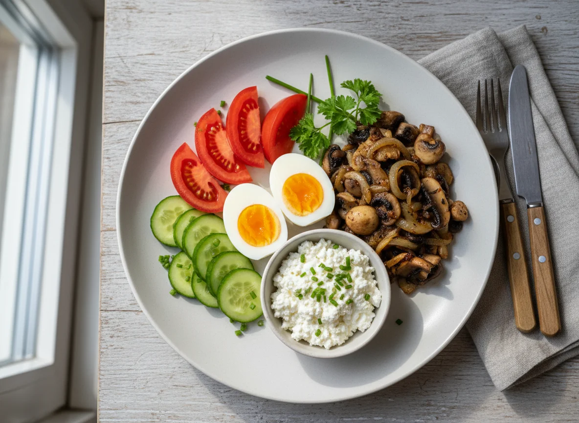 Frühstücksteller mit Eiern und Gemüse photo