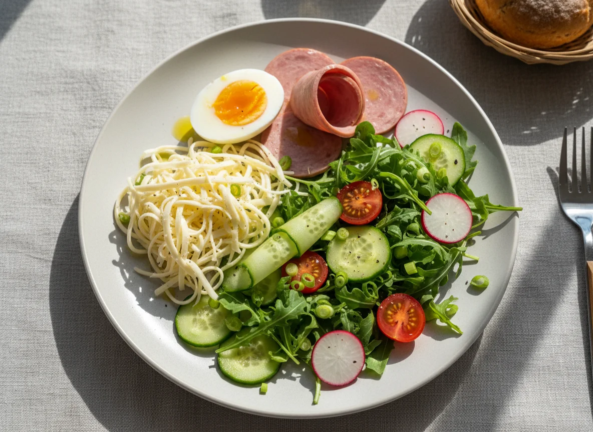 Frühstücksteller mit Eiern, Wurst, Käse und Salat photo