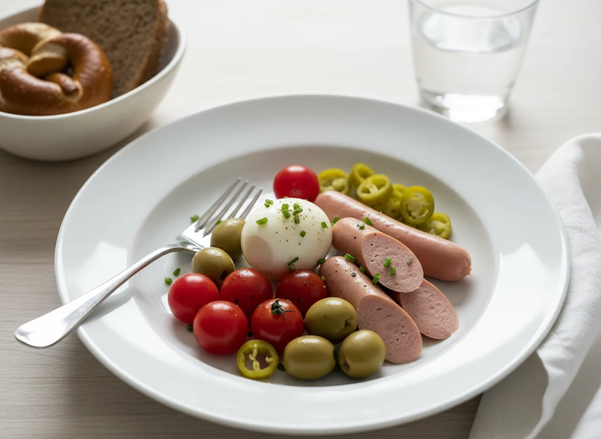 Frühstücksteller mit Eiern, Würstchen und Gemüse photo