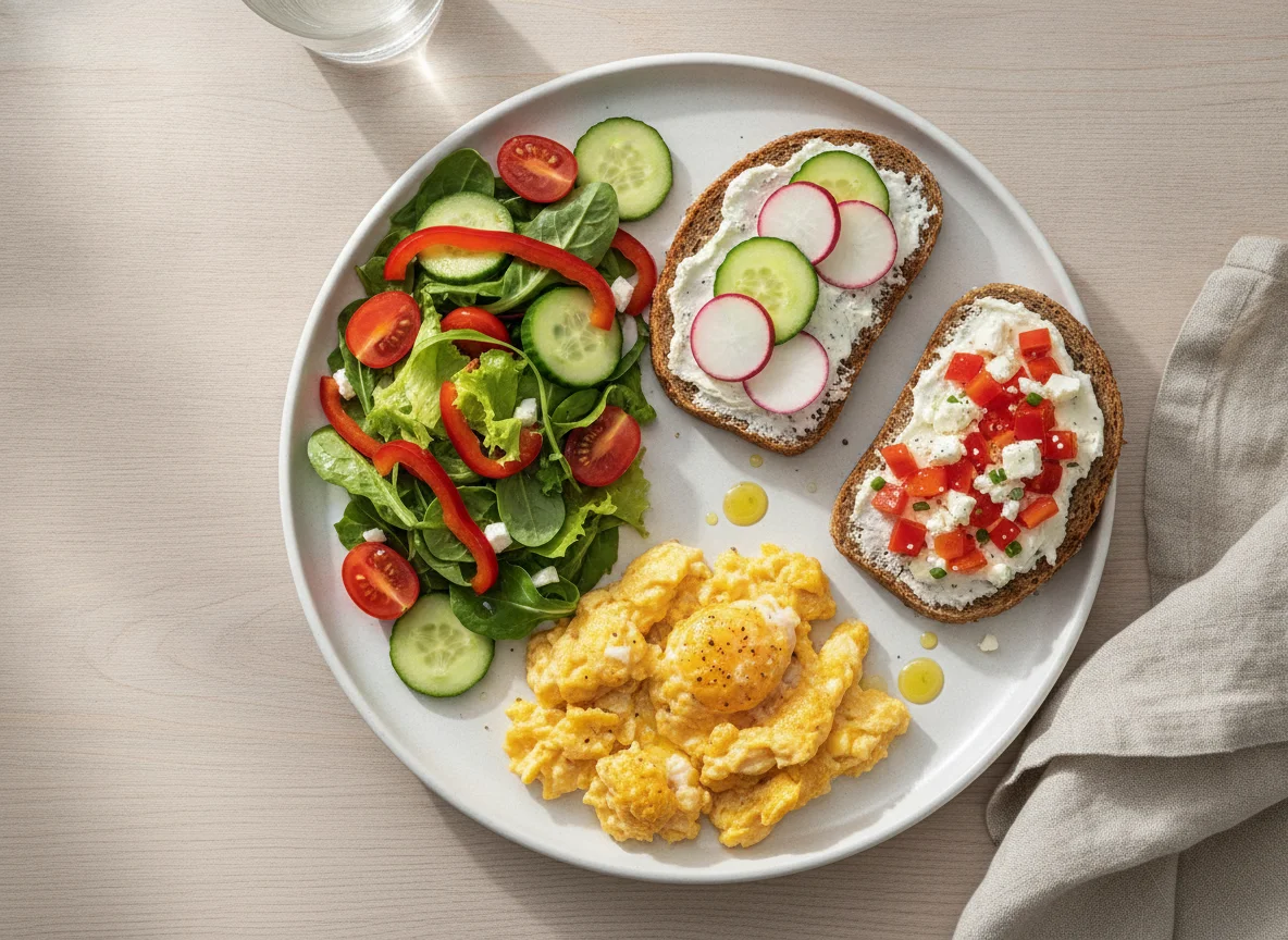Frühstücksteller mit Eierspeise, belegten Broten und Salat photo