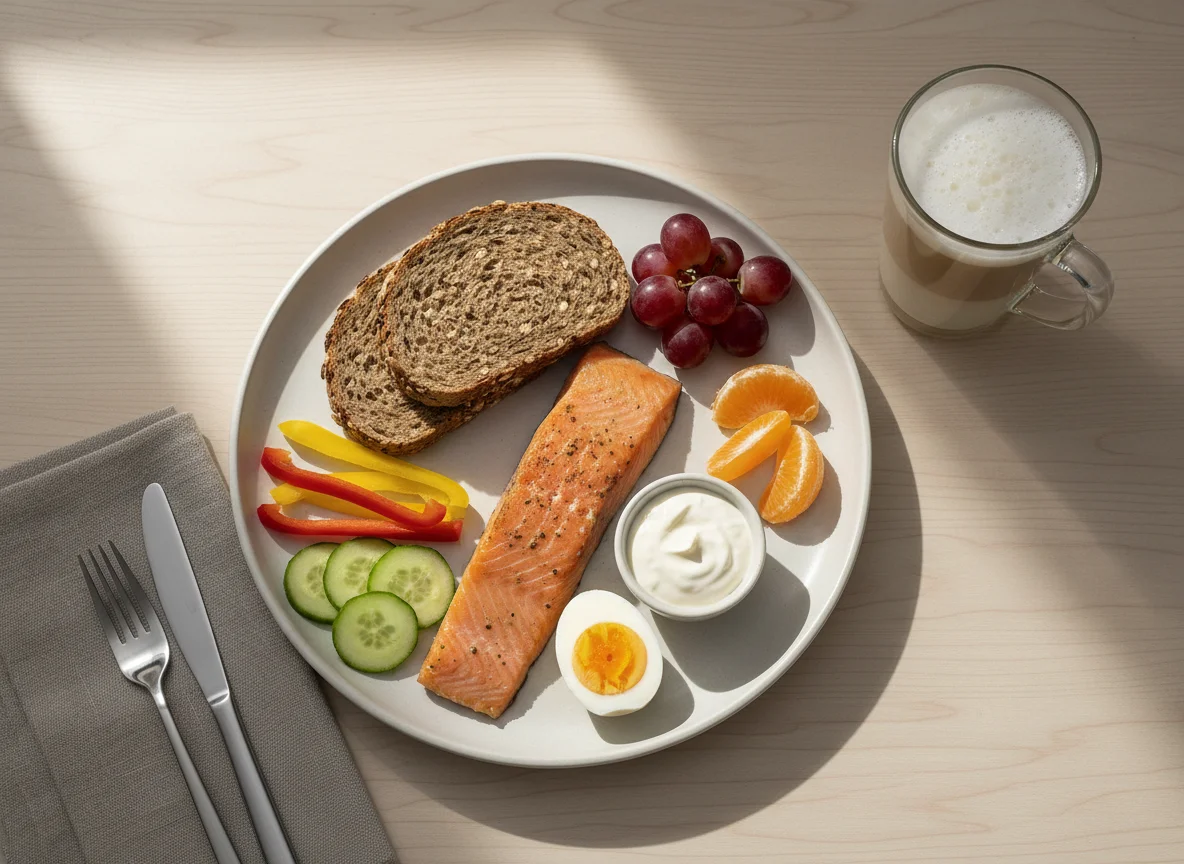 Frühstücksteller mit Fisch und Gemüse photo