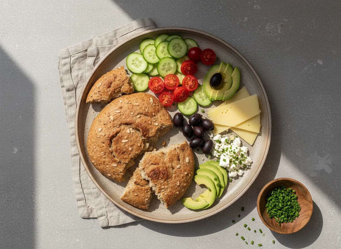 Frühstücksteller mit Fladenbrot und Käse photo