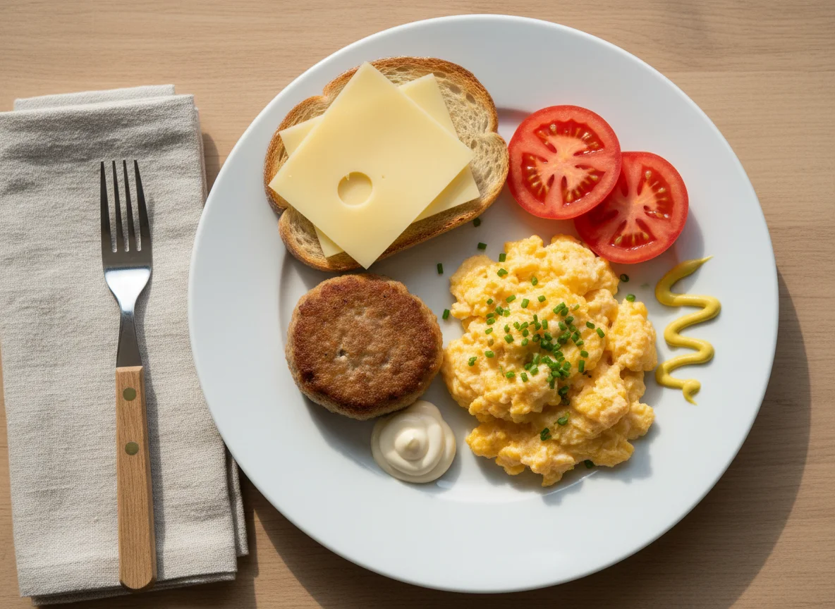 Frühstücksteller mit Frikadelle, Rührei und Käsebrot photo