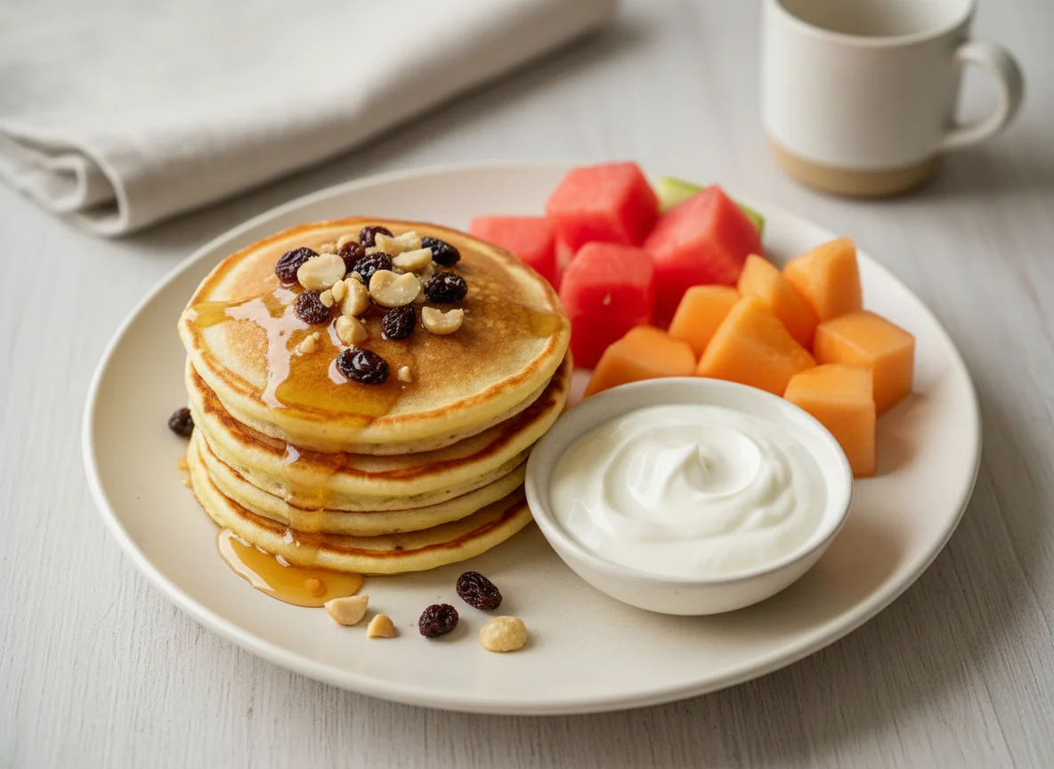 Frühstücksteller mit Früchten und Pfannkuchen photo