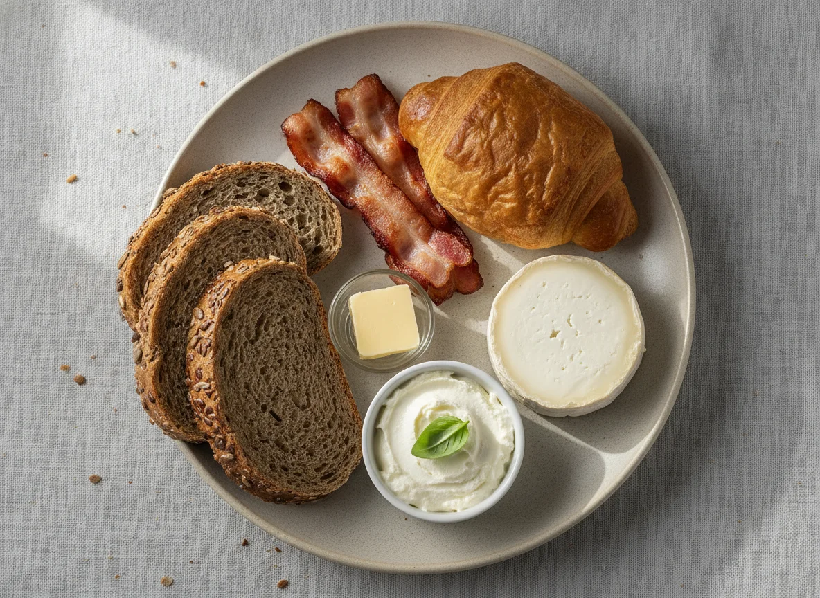 Frühstücksteller mit Gebäck, Speck, Käse und Brot photo