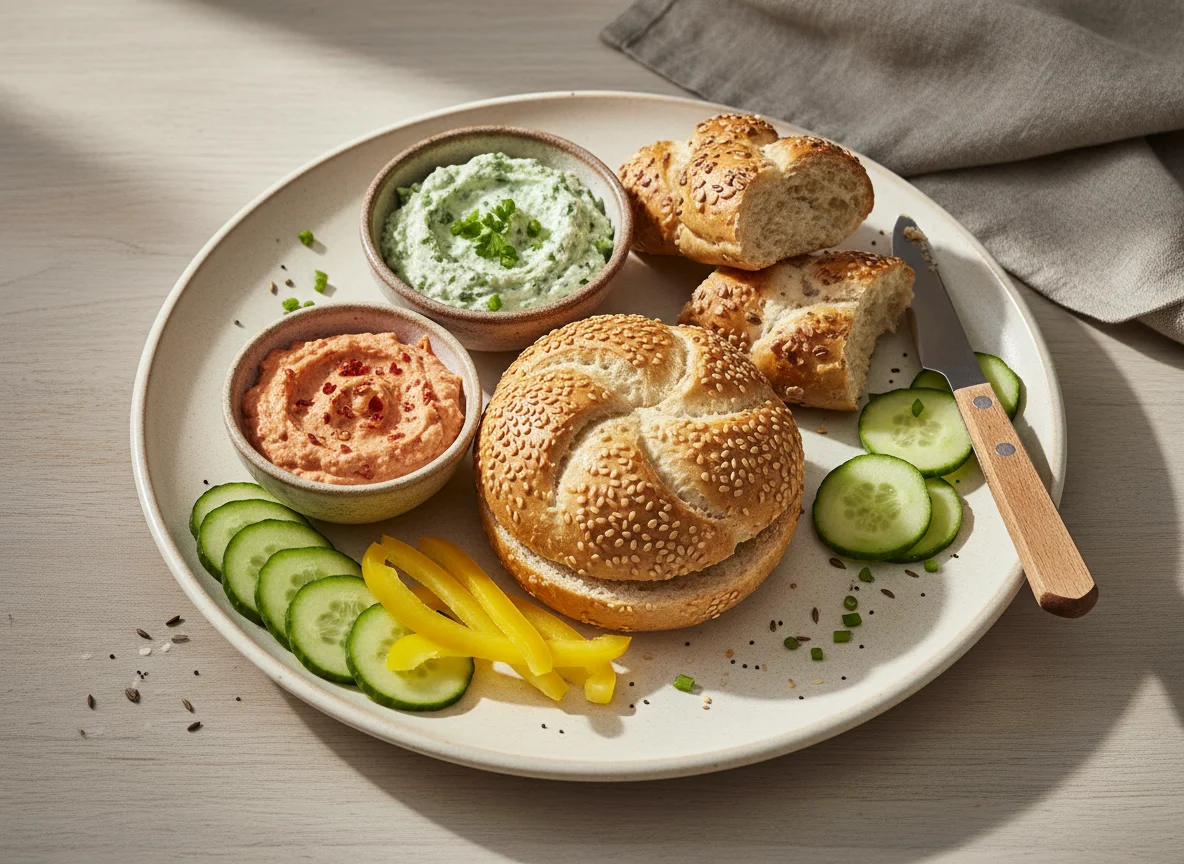 Frühstücksteller mit Gebäck und Aufstrichen photo