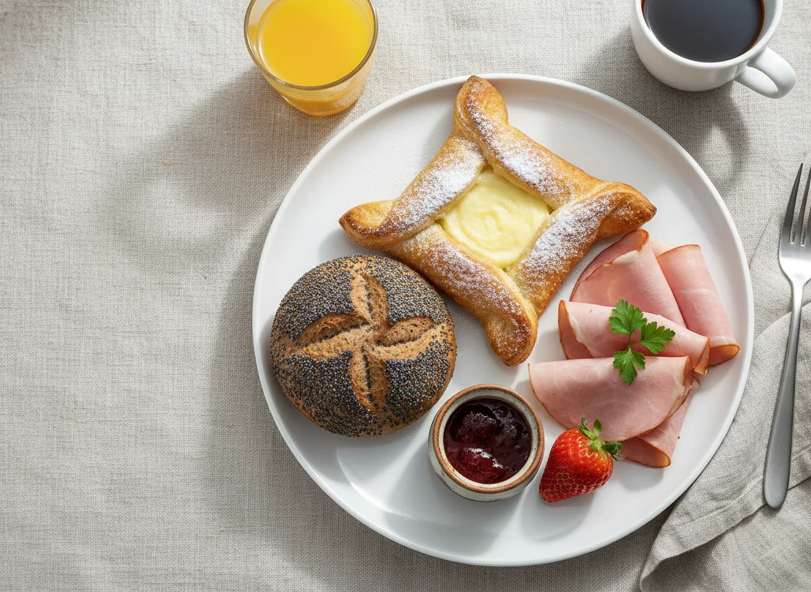 Frühstücksteller mit Gebäck und Brötchen photo