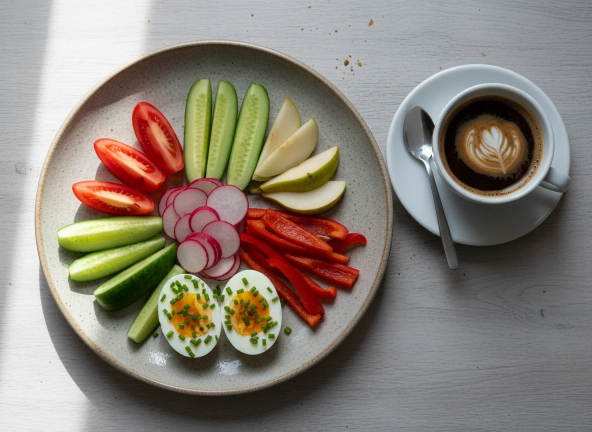 Frühstücksteller mit Gemüse, Ei und Kaffee photo