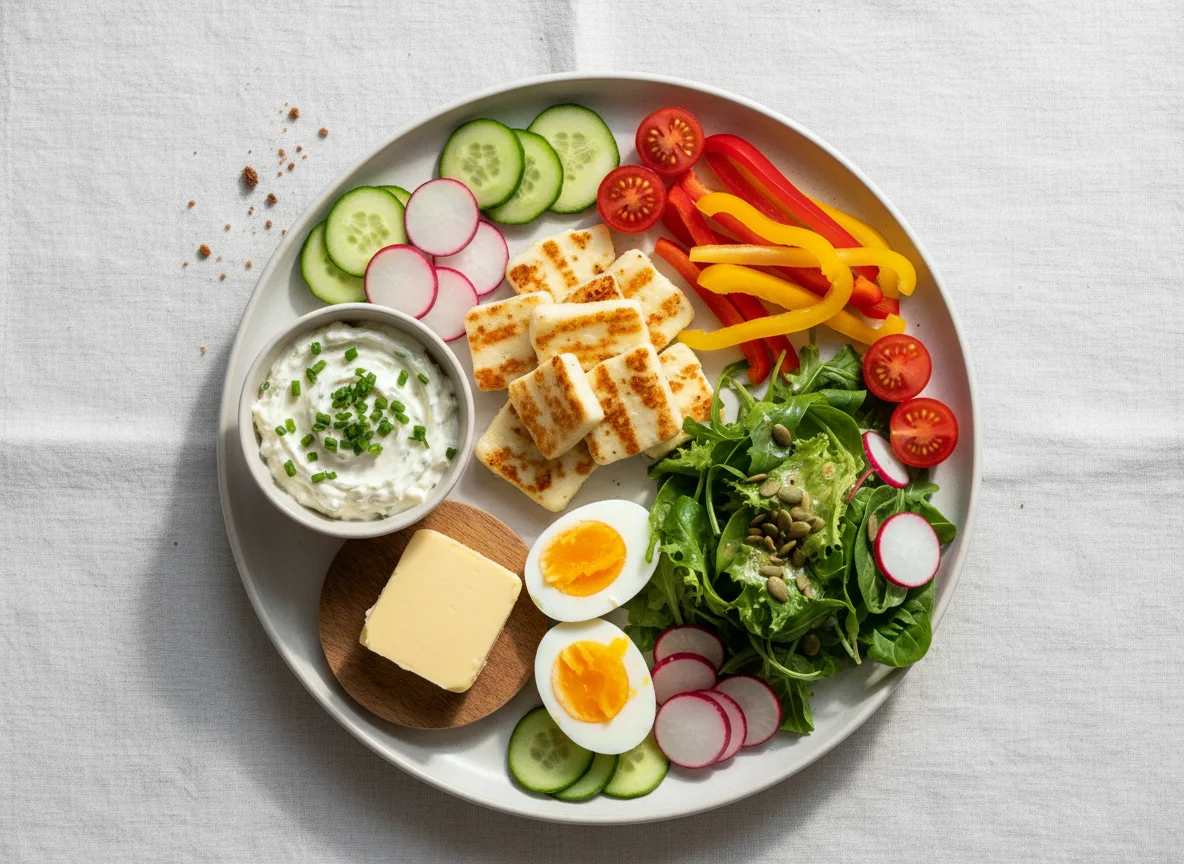 Frühstücksteller mit Gemüse, Käse und Ei photo