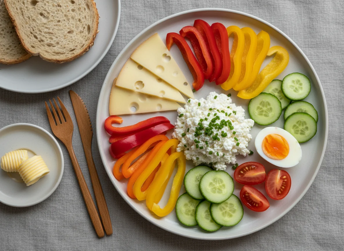 Frühstücksteller mit Gemüse, Käse und Hüttenkäse photo