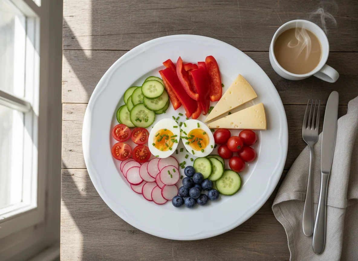 Frühstücksteller mit Gemüse, Obst, Käse und Ei photo