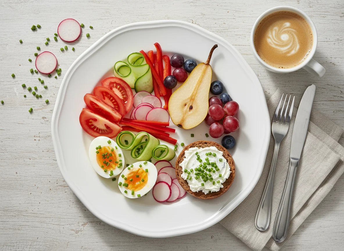 Frühstücksteller mit Gemüse, Obst und Ei photo