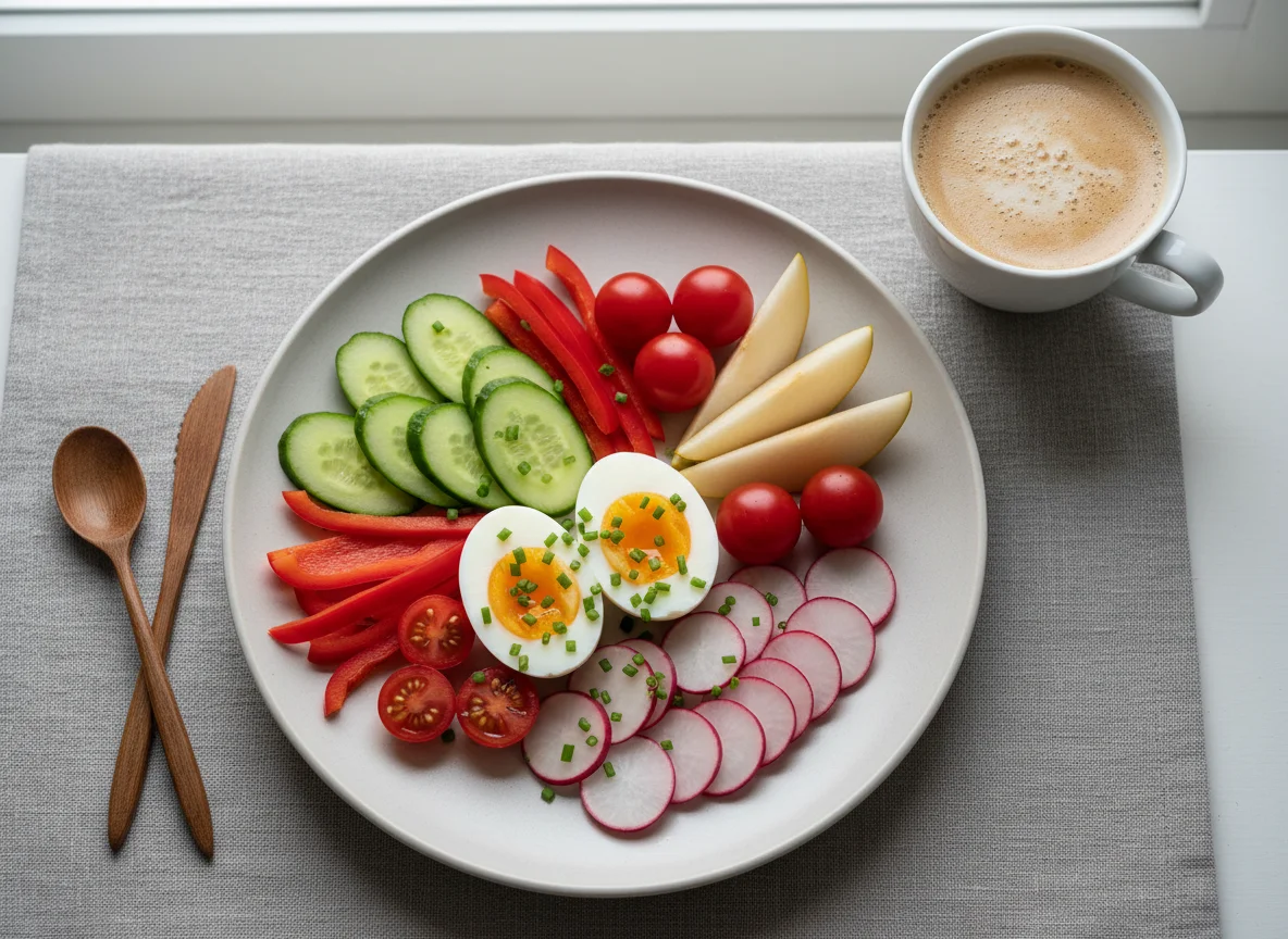 Frühstücksteller mit Gemüse und Ei photo