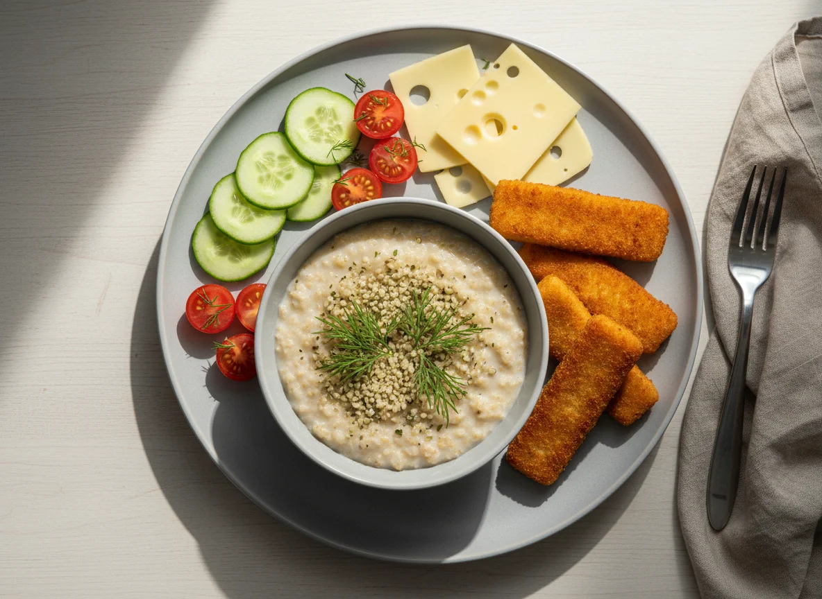 Frühstücksteller mit Haferbrei und Beilagen photo