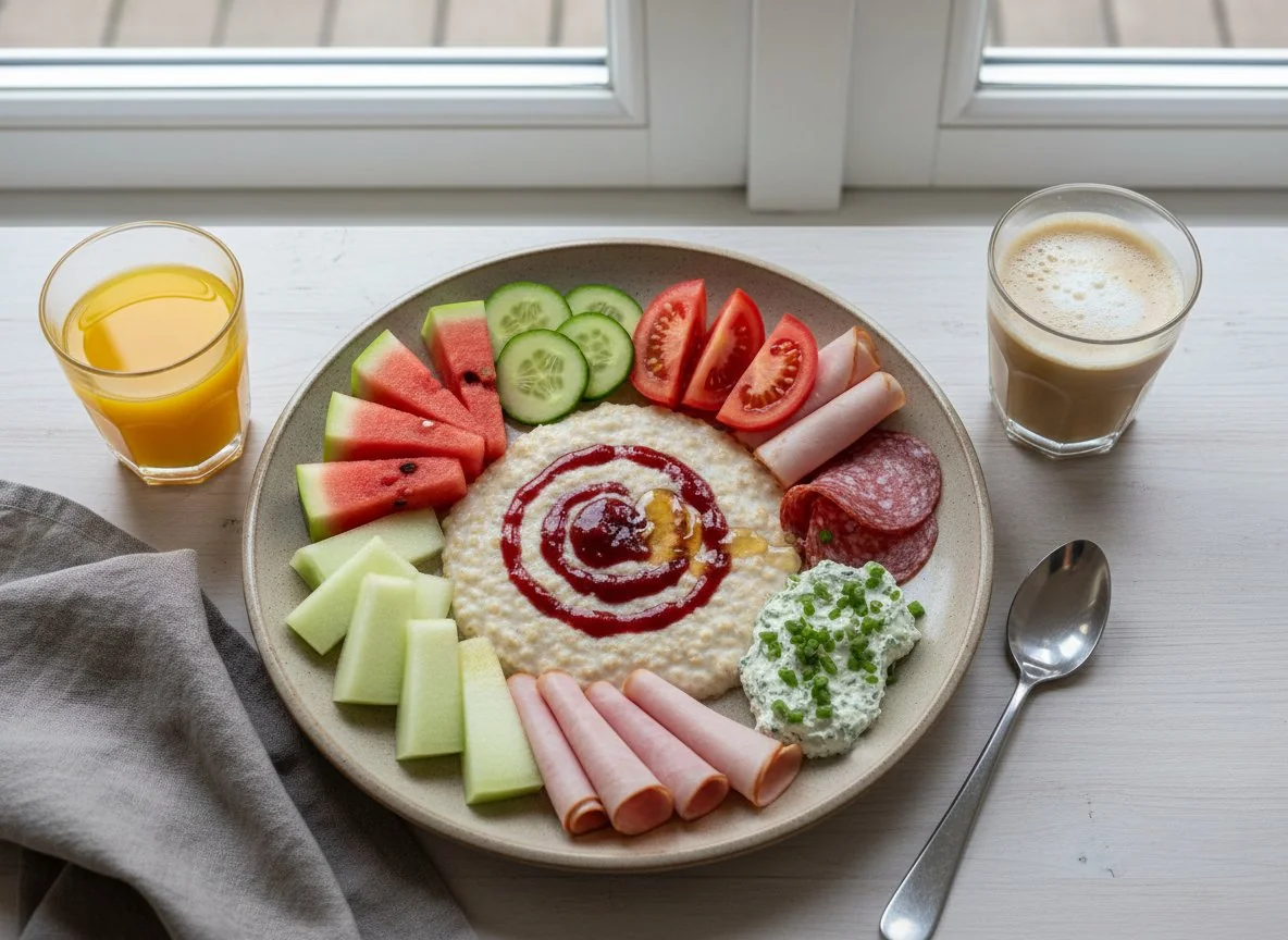 Frühstücksteller mit Haferbrei und Getränken photo