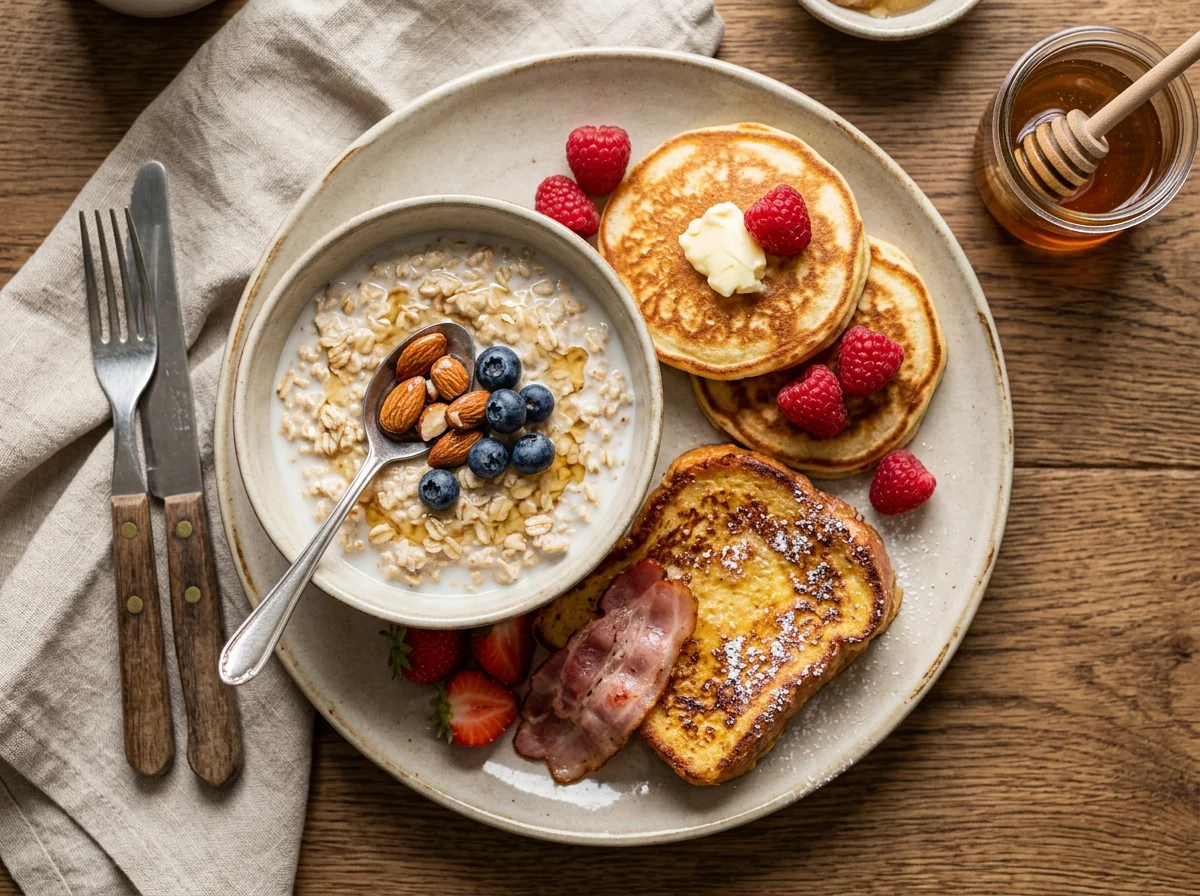 Frühstücksteller mit Haferflocken, Pfannkuchen und French Toast photo