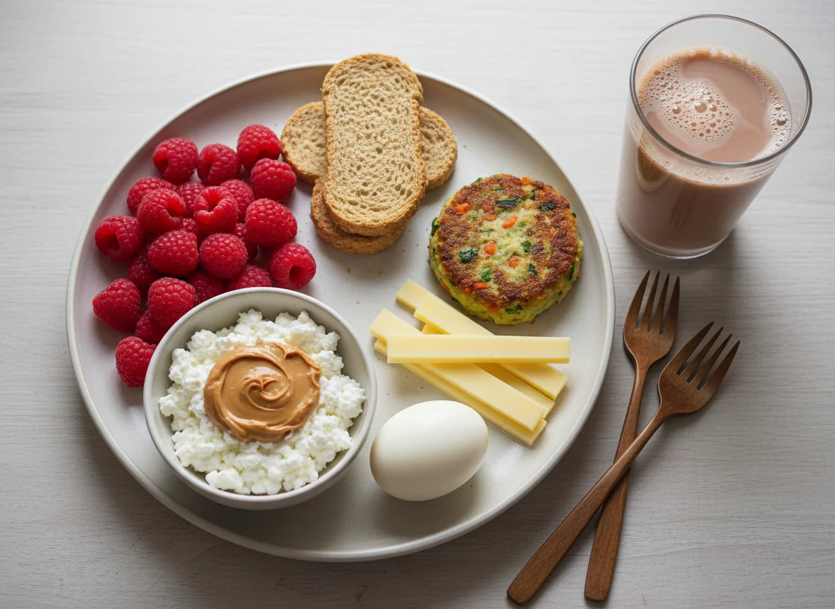 Frühstücksteller mit Himbeeren und Kakao photo
