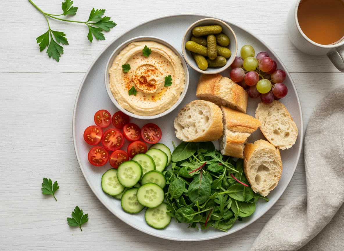 Frühstücksteller mit Hummus, Brot und Obst photo