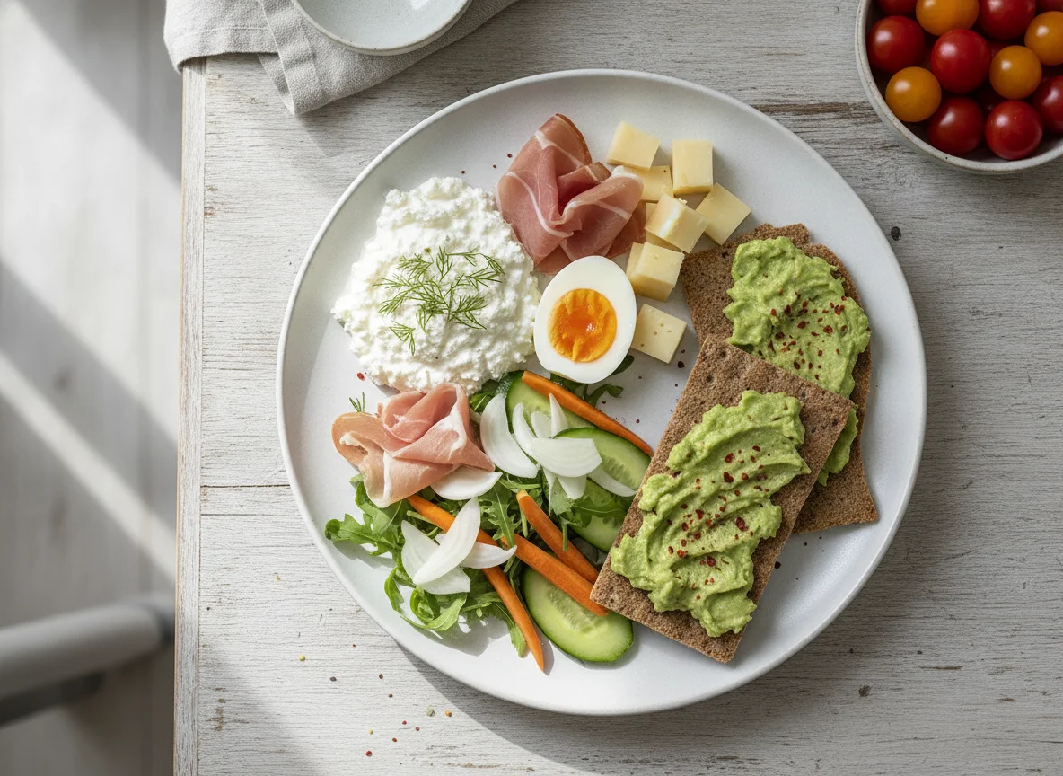 Frühstücksteller mit Hüttenkäse, Ei und Gemüse photo