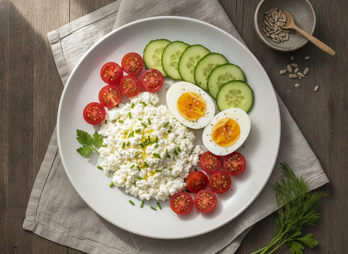 Frühstücksteller mit Hüttenkäse, Eiern und Gemüse photo